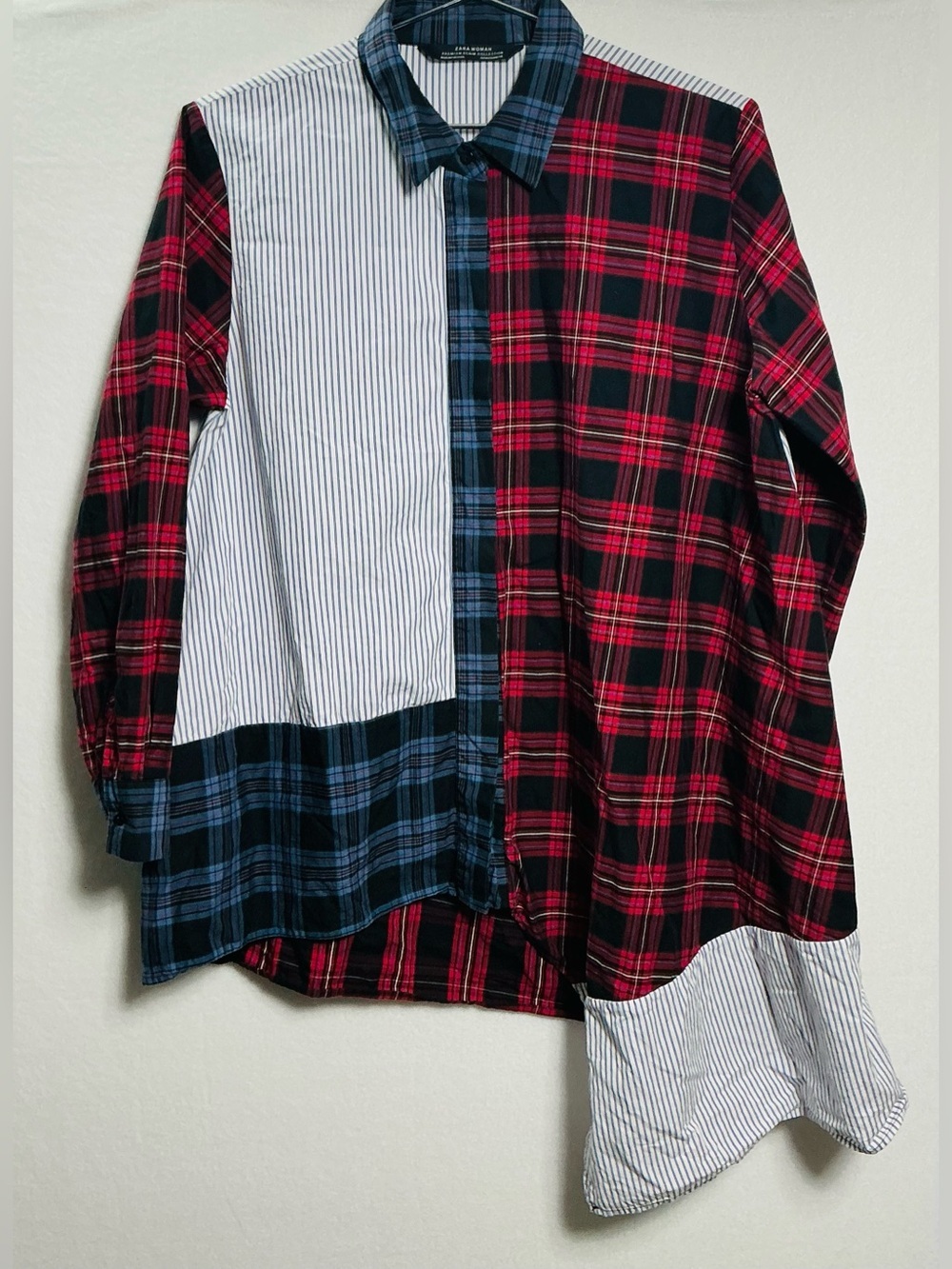 ZARA Mixed Patchwork Plaid & Striped Button Down Shirt - Size M - Picture 2 of 9